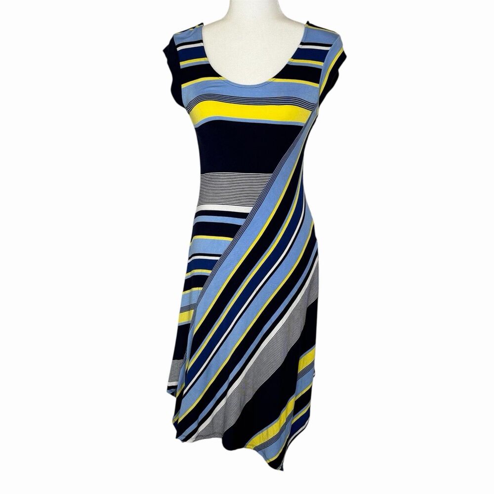 Spense Blue and Yellow Striped Chic Midi Dress Size S Handkerchief Hem Summer